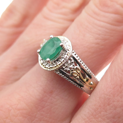 Chuck Clemency 925 Sterling Silver 2-Tone Real Diamond & Emerald Ring Size 8.25