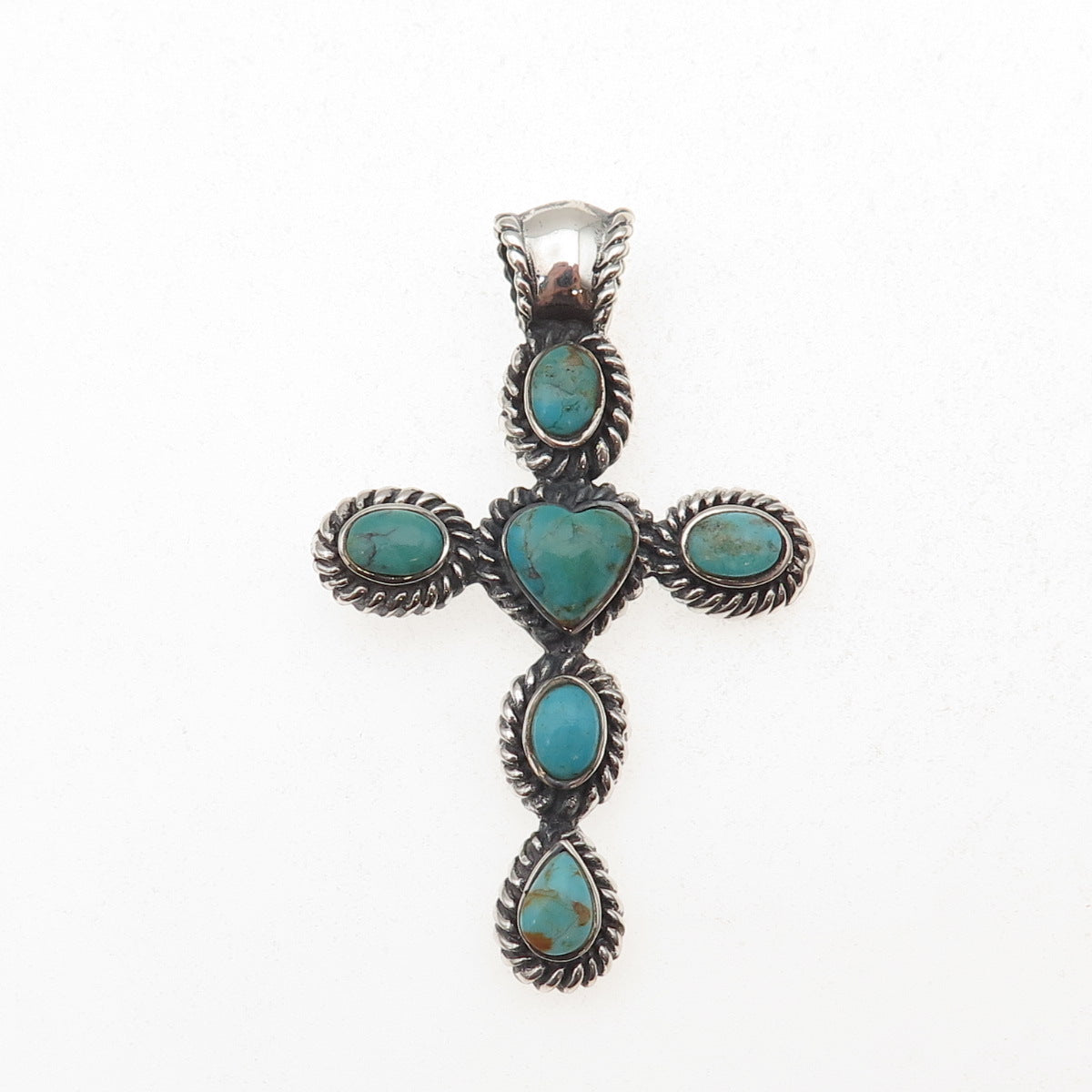 925 Sterling Silver Vintage Real Turquoise Heart Cross Oxidized Charm Pendant