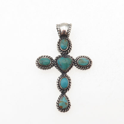 925 Sterling Silver Vintage Real Turquoise Heart Cross Oxidized Charm Pendant