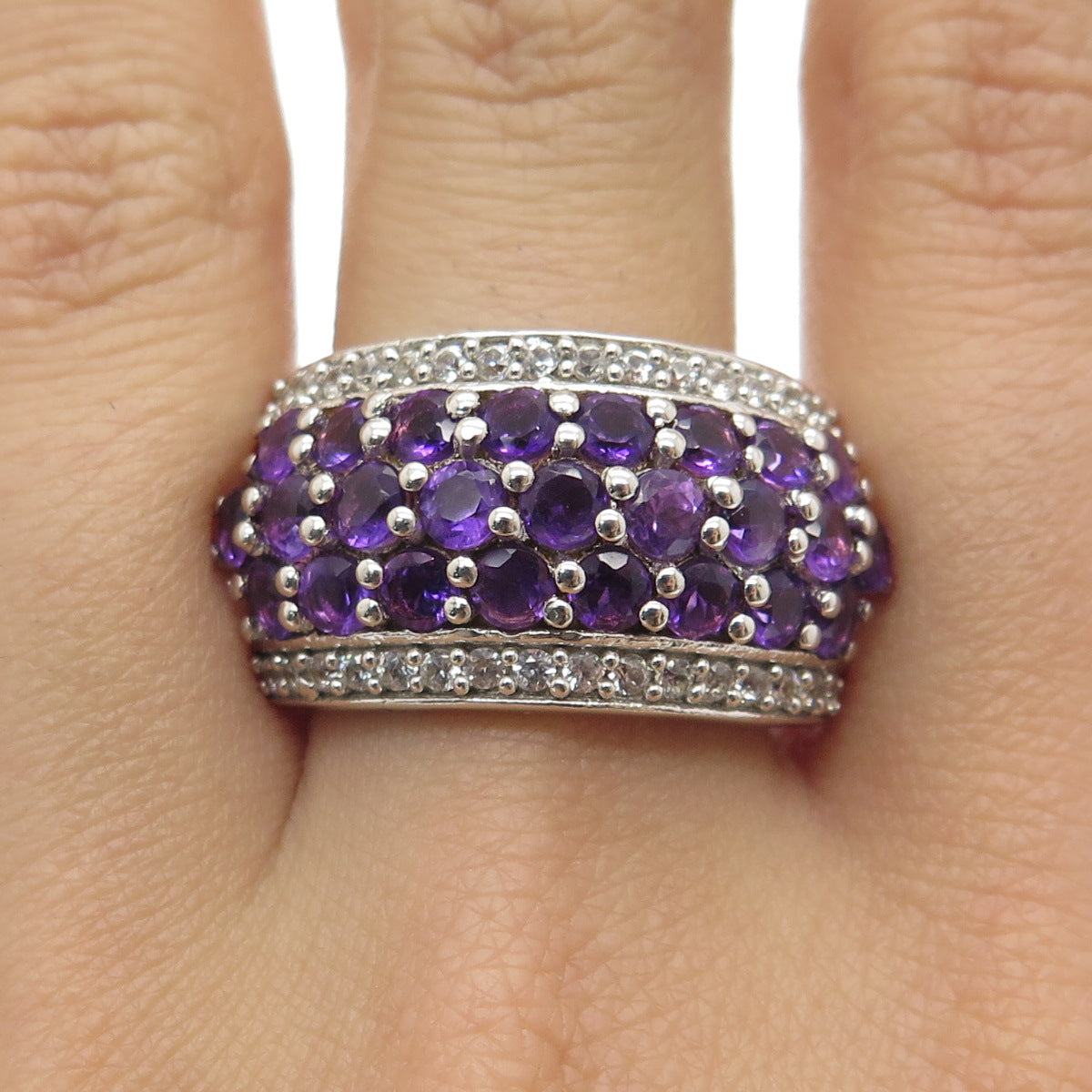 CHUCK CLEMENCY 925 Sterling Silver Real Amethyst & White Topaz Ring Size 7.25