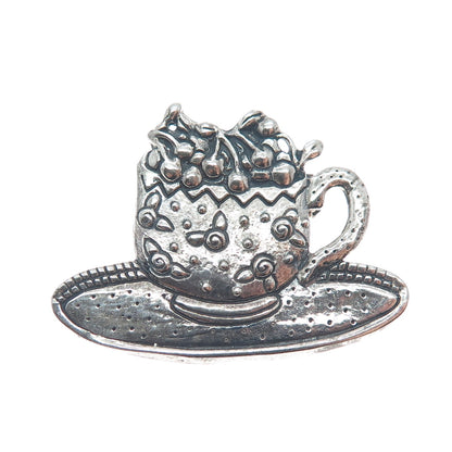MARY ENGELBREIT 925 Sterling Silver Vintage Cherry Cup Oxidized Pin Brooch