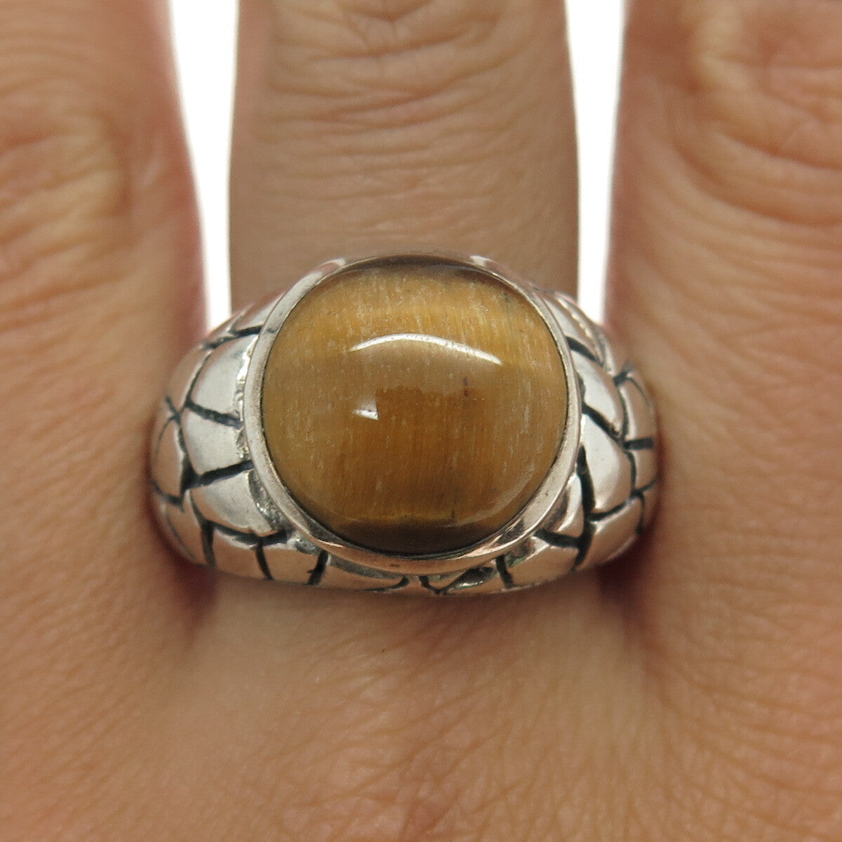 925 Sterling Silver Vintage Real Tiger Eye Gemstone Nugget Ring Size 11.75