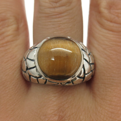 925 Sterling Silver Vintage Real Tiger Eye Gemstone Nugget Ring Size 11.75