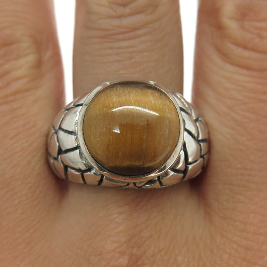 925 Sterling Silver Vintage Real Tiger Eye Gemstone Nugget Ring Size 11.75