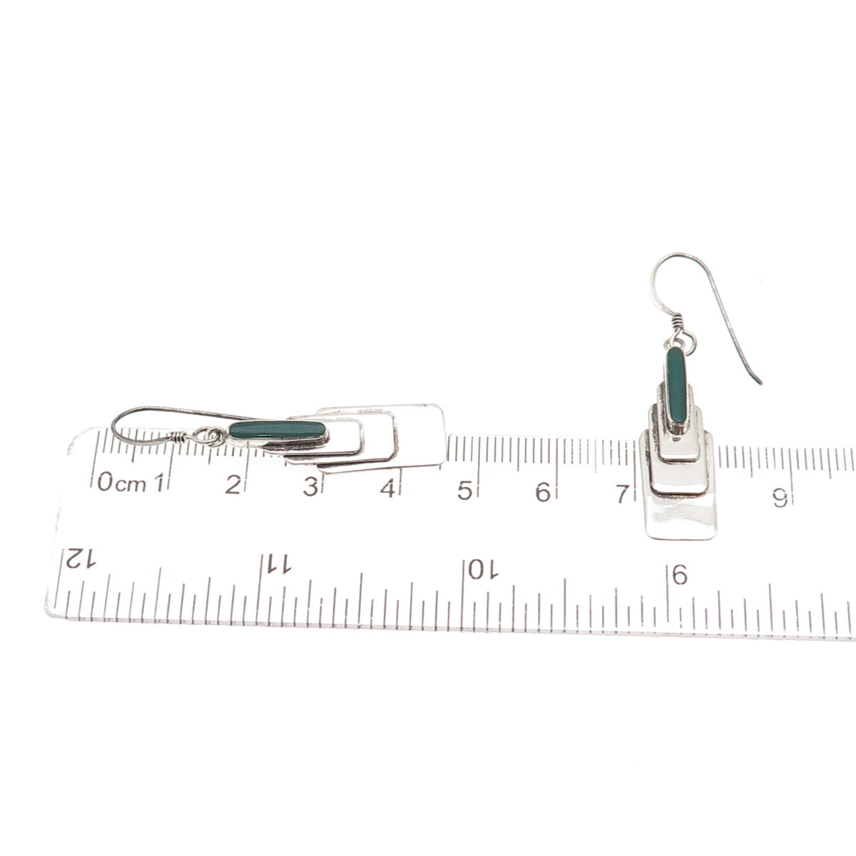 925 Sterling Silver Vintage Real Green Onyx Modernist Dangle Earrings