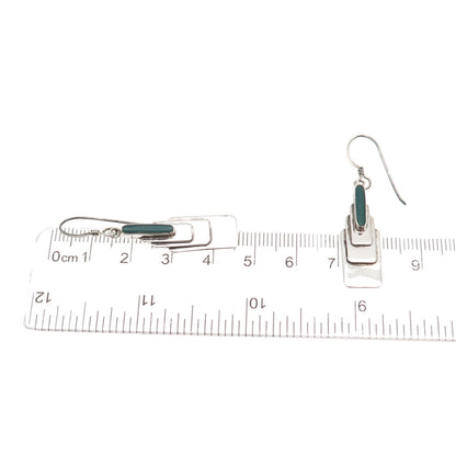 925 Sterling Silver Vintage Real Green Onyx Modernist Dangle Earrings