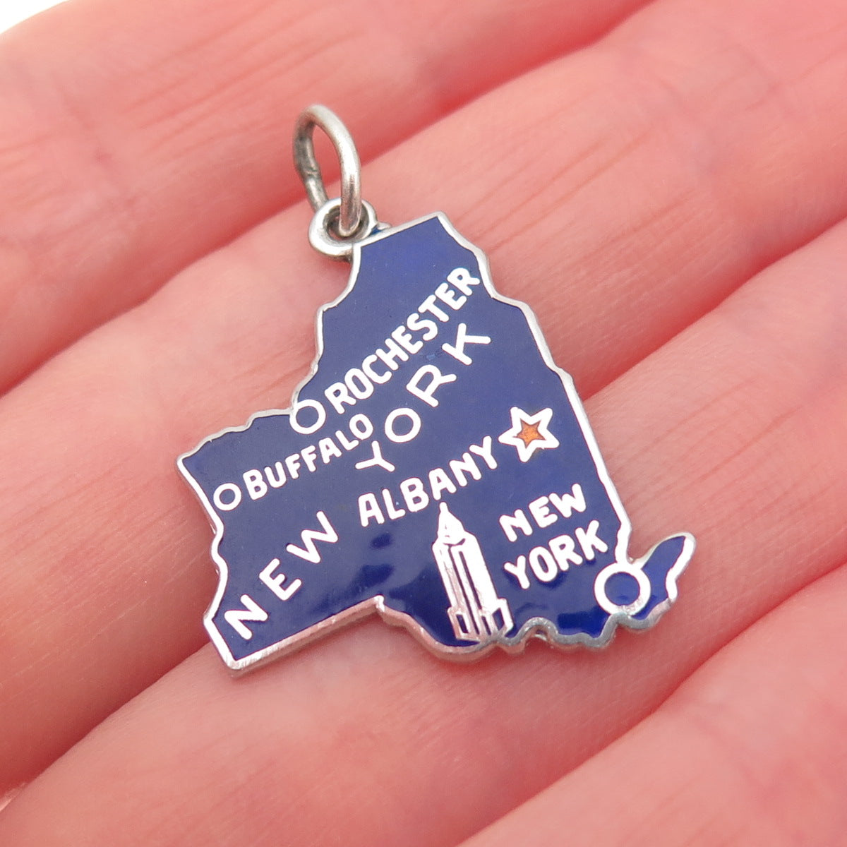 925 Sterling Silver Vintage Enamel New York State Map Mini Charm Pendant