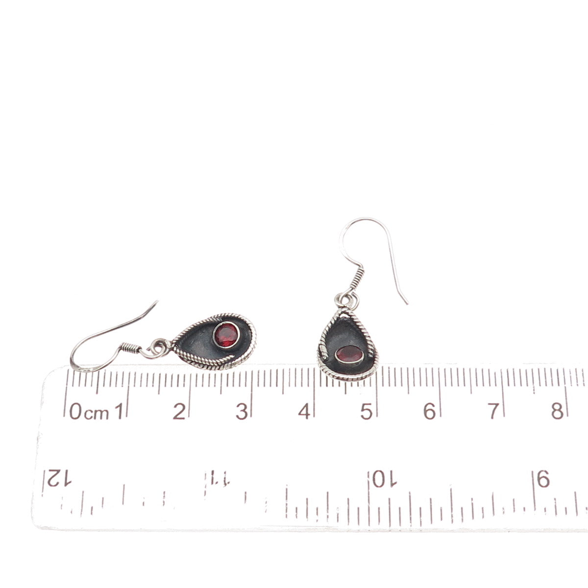 925 Sterling Silver Vintage Real Red Garnet Modernist Teardrop Dangle Earrings