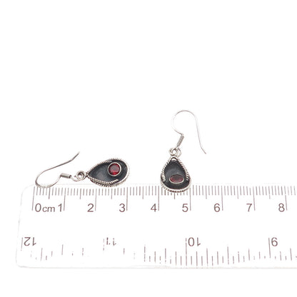 925 Sterling Silver Vintage Real Red Garnet Modernist Teardrop Dangle Earrings