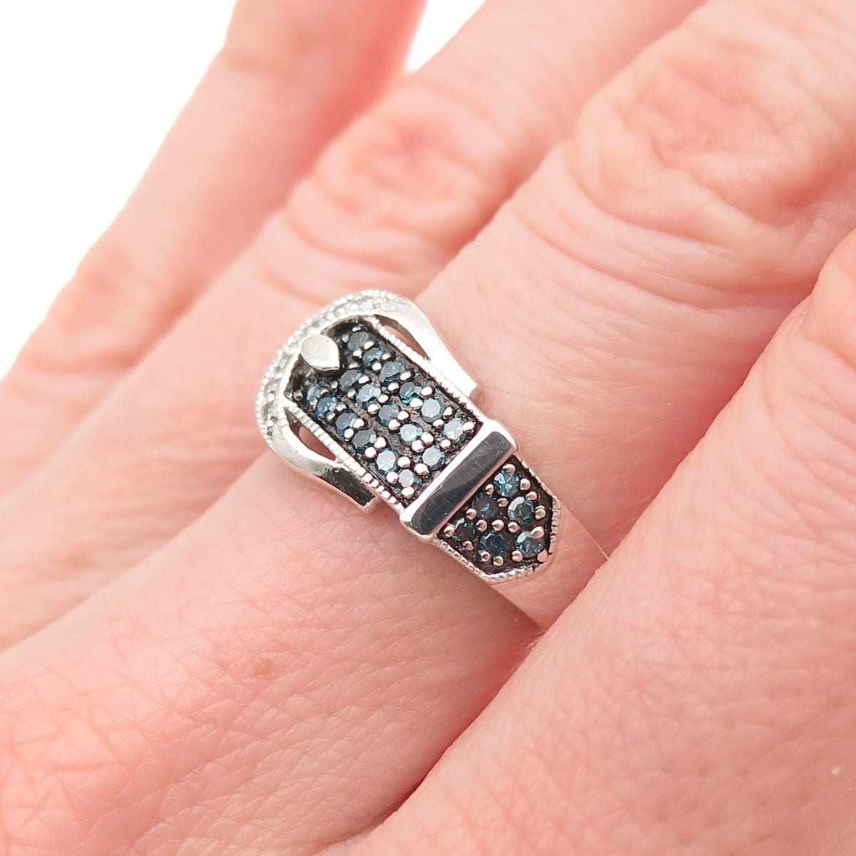 925 Sterling Silver Real Blue & White Diamond Belt Buckle Ring Size 6.25