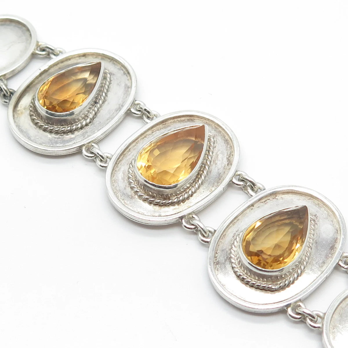 925 Sterling Silver Vintage Real Citrine Gemstone Modernist Bracelet 6.75"