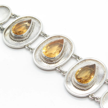 925 Sterling Silver Vintage Real Citrine Gemstone Modernist Bracelet 6.75"