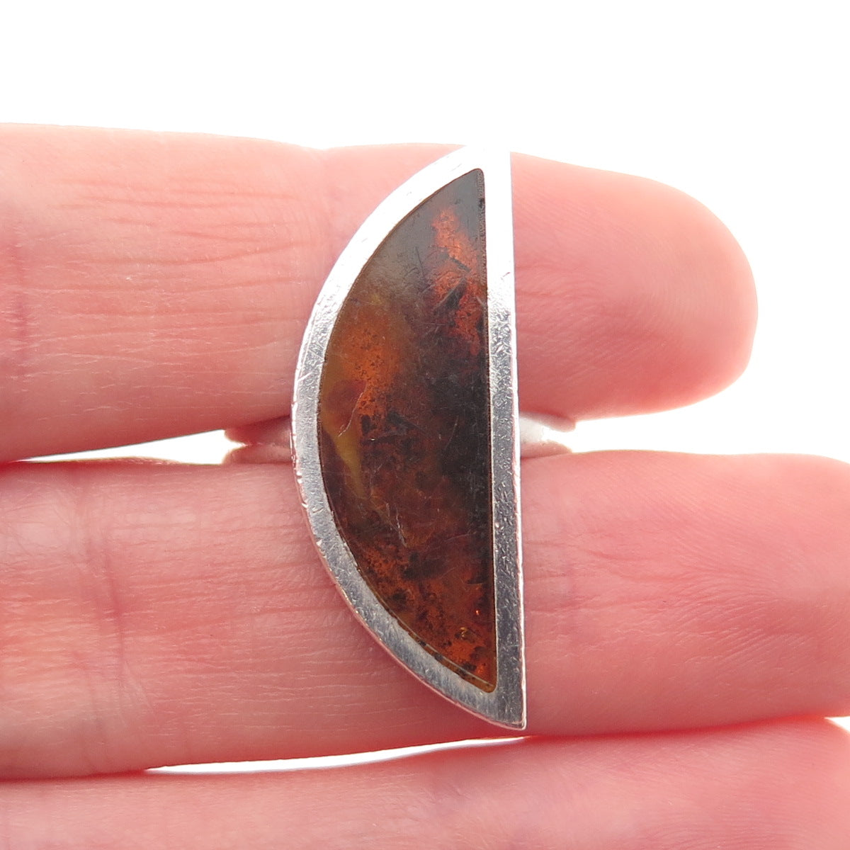 925 Sterling Silver Vintage Real Amber Modernist Crescent Ring Size 7