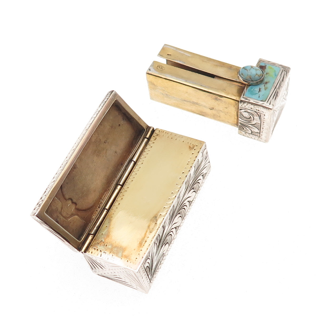 800 Silver Antique Italy Enamel Faux Turquoise Tube Slide Lipstick Case #12