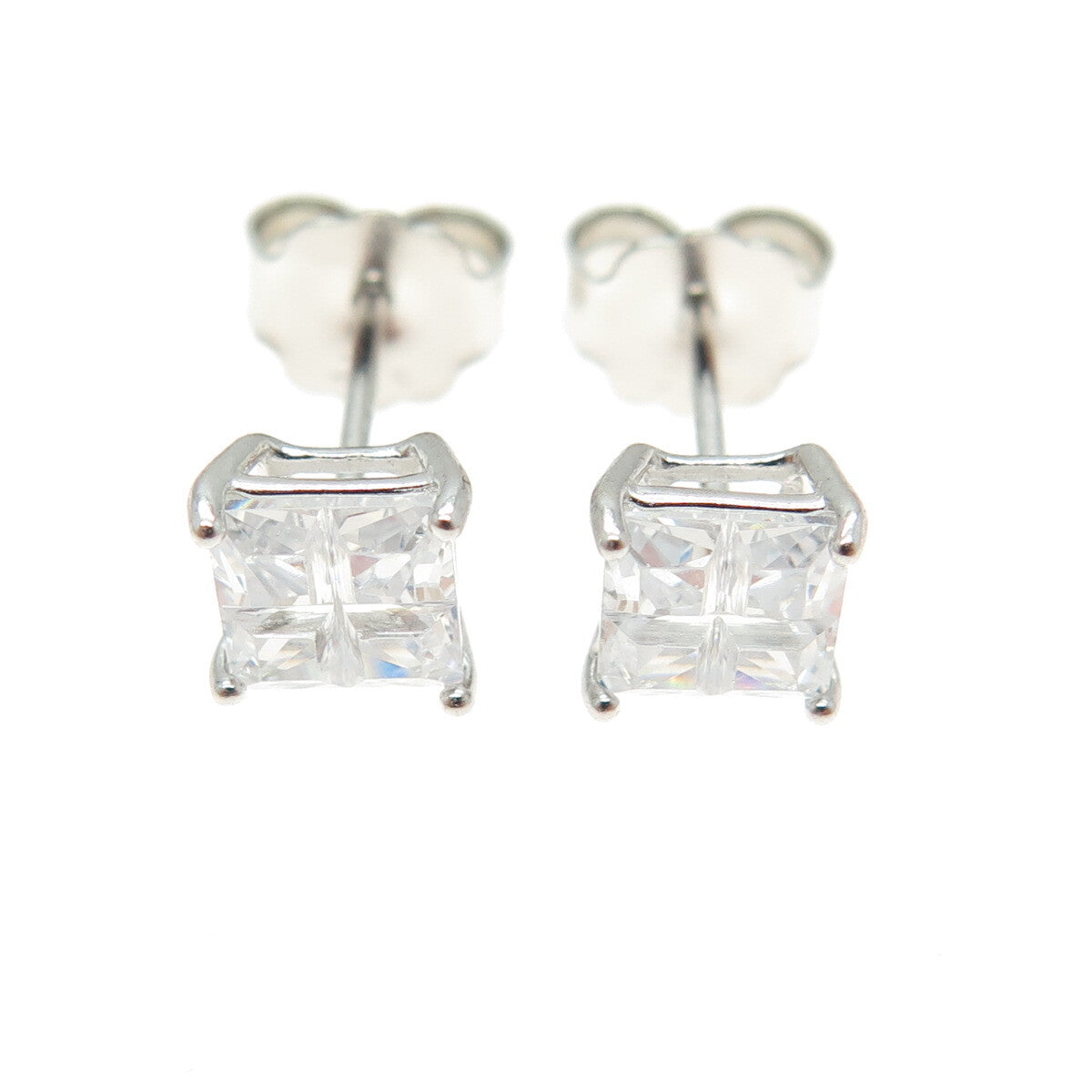 925 Sterling Silver Princess-Cut Shaped White C Z Stud Earrings