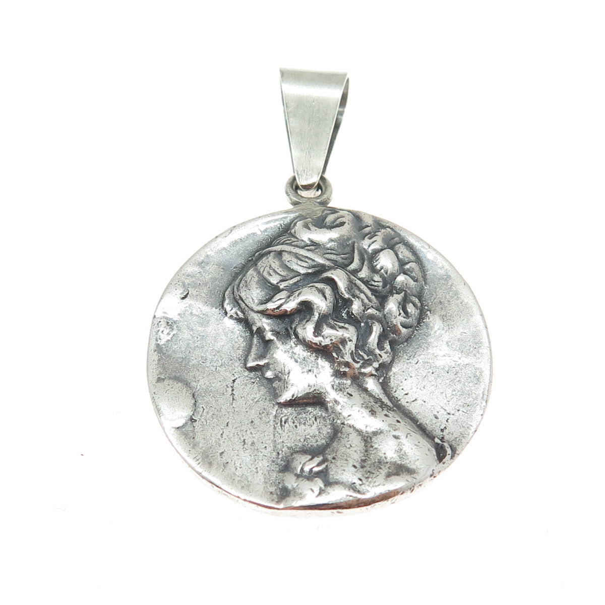 925 Sterling Silver Vintage Victorian Lady Oxidized Round Pendant