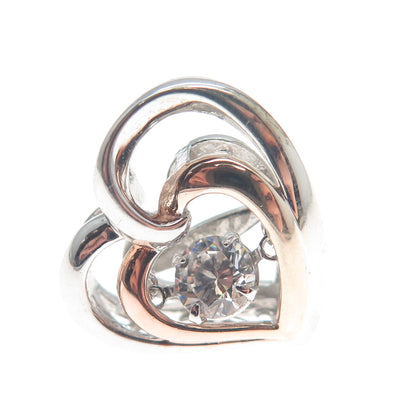 SAI 925 Sterling Silver 2-Tone Round-Cut Shaped C Z Double Heart Slide Pendant