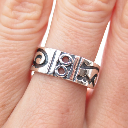 925 Sterling Silver Vintage Mexico Tribal Symbol Oxidized Band Ring Size 7.25