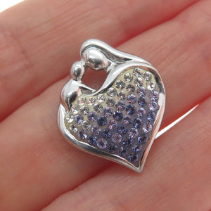 925 Sterling Silver Lavender & White Rhinestone Mom & Child Heart Charm Pendant