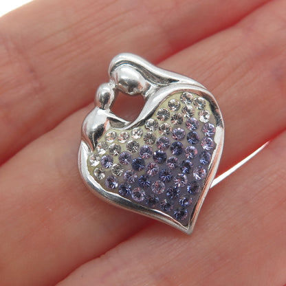 925 Sterling Silver Lavender & White Rhinestone Mom & Child Heart Charm Pendant
