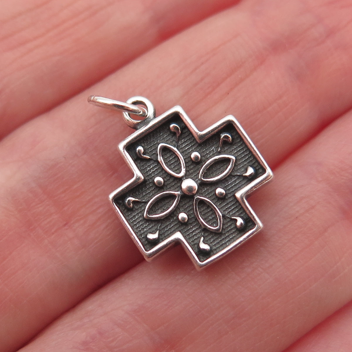 925 Sterling Silver Vintage Floral Cross Oxidized Mini Charm Pendant