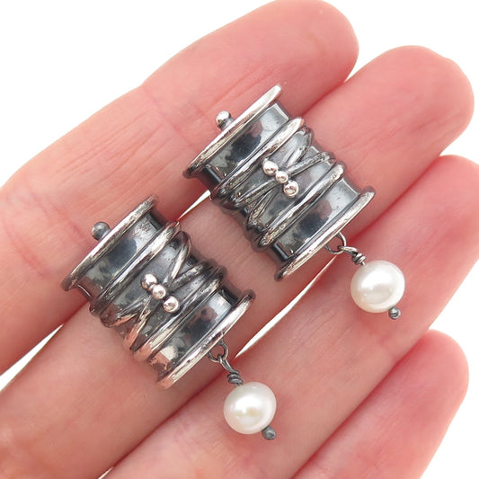 DAC Deborah Armstrong 925 Sterling Silver Vintage Real Pearl Modernist Earrings