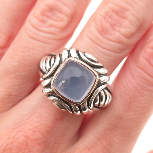 Samuel Benham Sterling Silver 14K Gold Vintage Real Chalcedony Ring Size 8.25