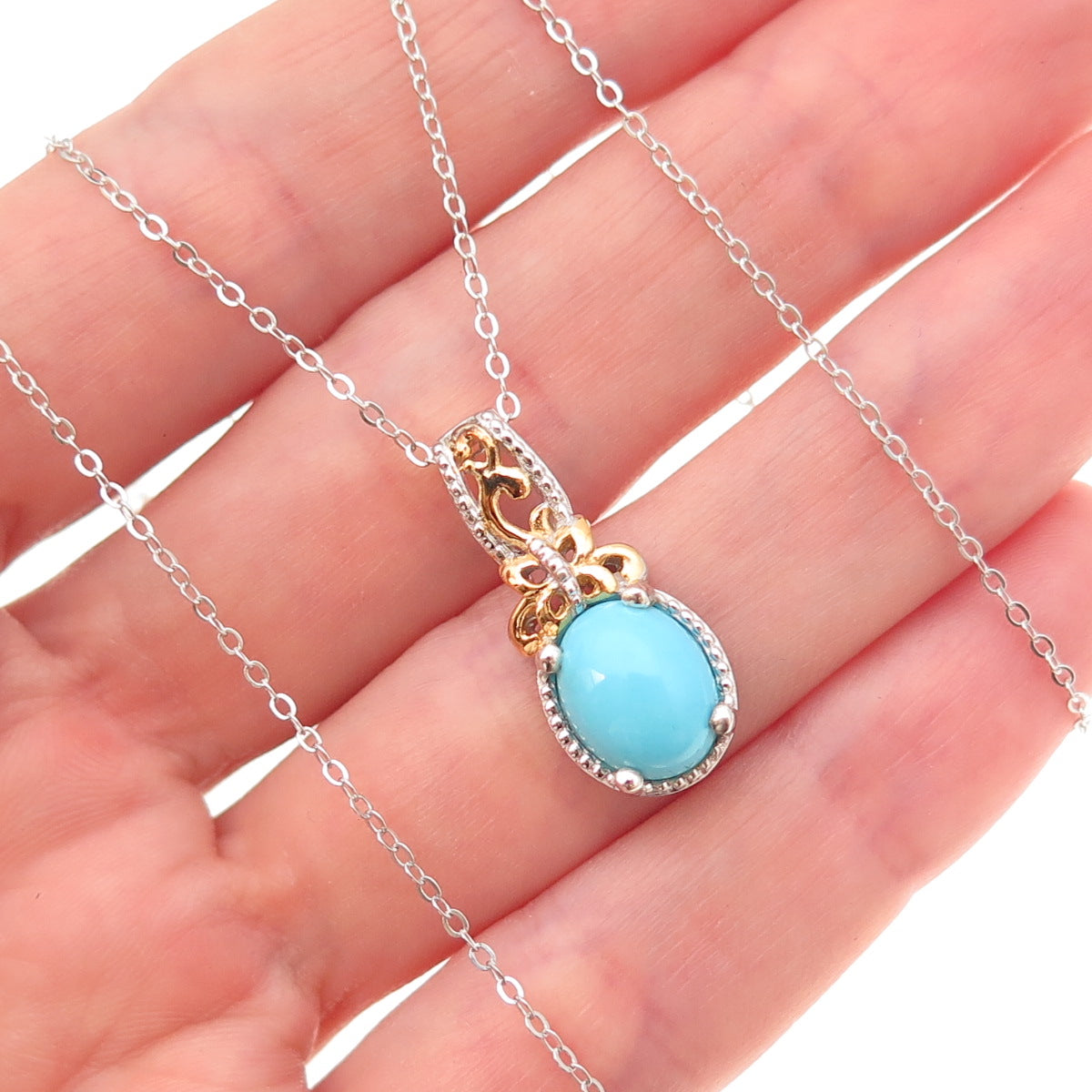 Chuck Clemency 925 Sterling Silver 2-Tone Real Turquoise Butterfly Necklace 20"