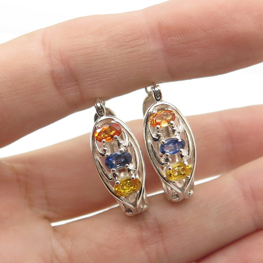 925 Sterling Silver Multi-Color Sapphire Gemstone Hinged Hoop Earrings