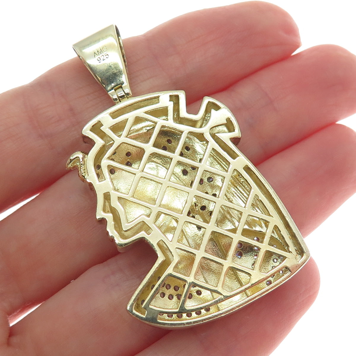 925 Sterling Silver Gold Plated Round-Cut Shaped C Z Egyptian Pharaoh Pendant