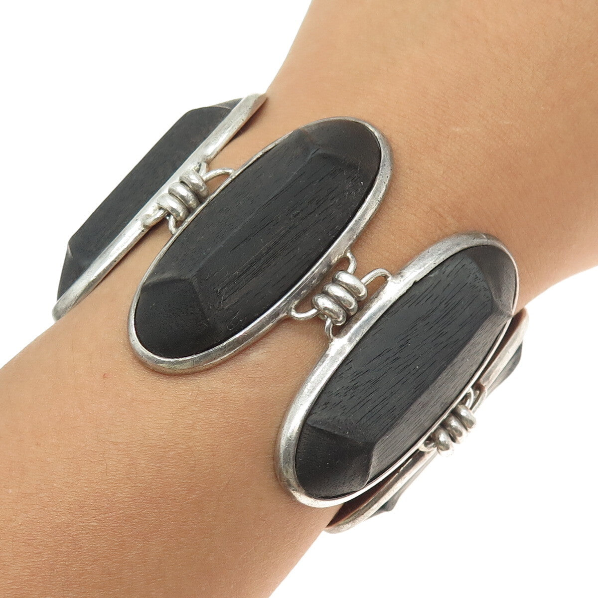 DOMINIQUE AURIENTIS PARIS Sterling Silver Vintage Wood Modernist Bracelet 7.25"