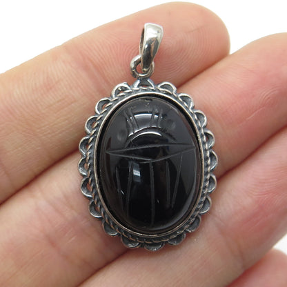 925 Sterling Silver Vintage Real Carved Black Onyx Scarab Oxidized Pendant