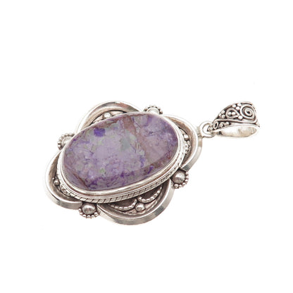925 Sterling Silver Vintage Real Charoite Modernist Floral Oxidized Pendant