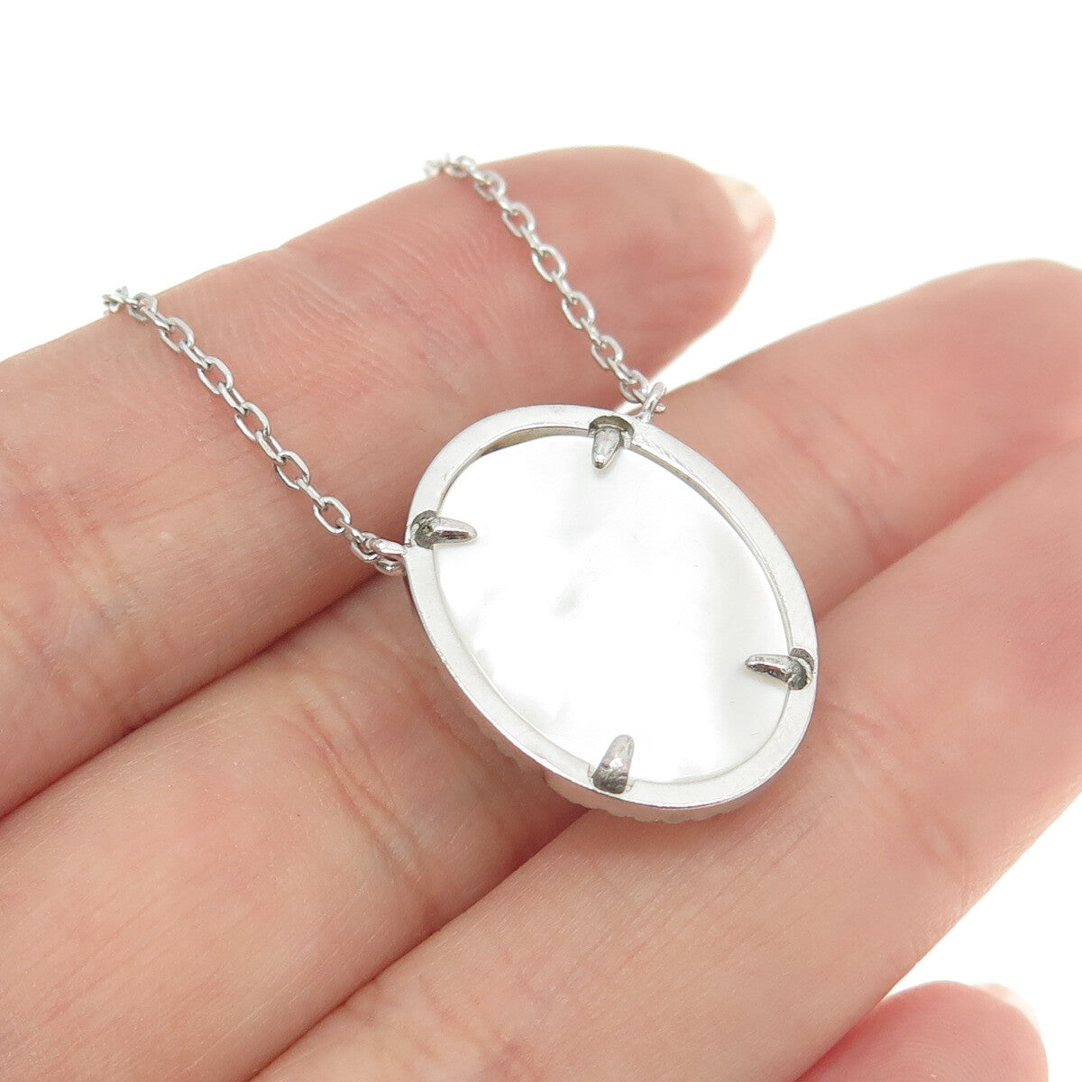 925 Sterling Silver Real MOP & Round-Cut C Z Floral Cable Chain Necklace 16-18"