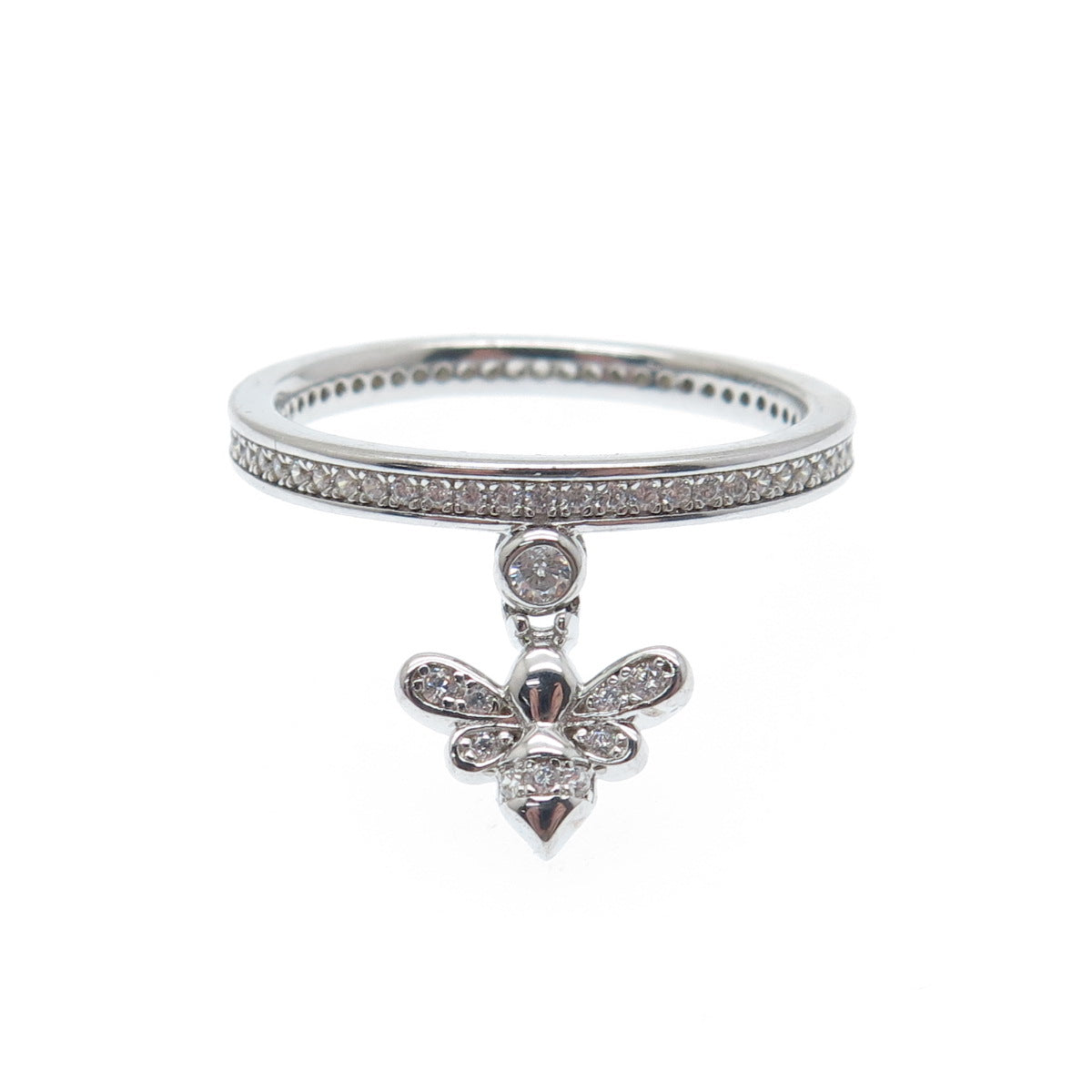 MILOR 925 Sterling Silver Italy Round-Cut C Z Bee Dangle Charm Ring Size 9.25