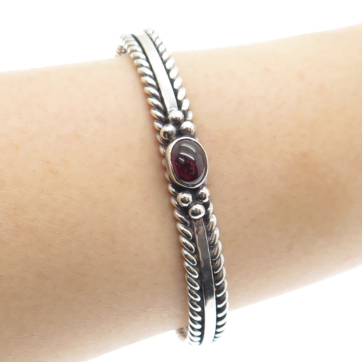 925 Sterling Silver Vintage Real Tourmaline Gemstone Twisted Cuff Bracelet 6.25"