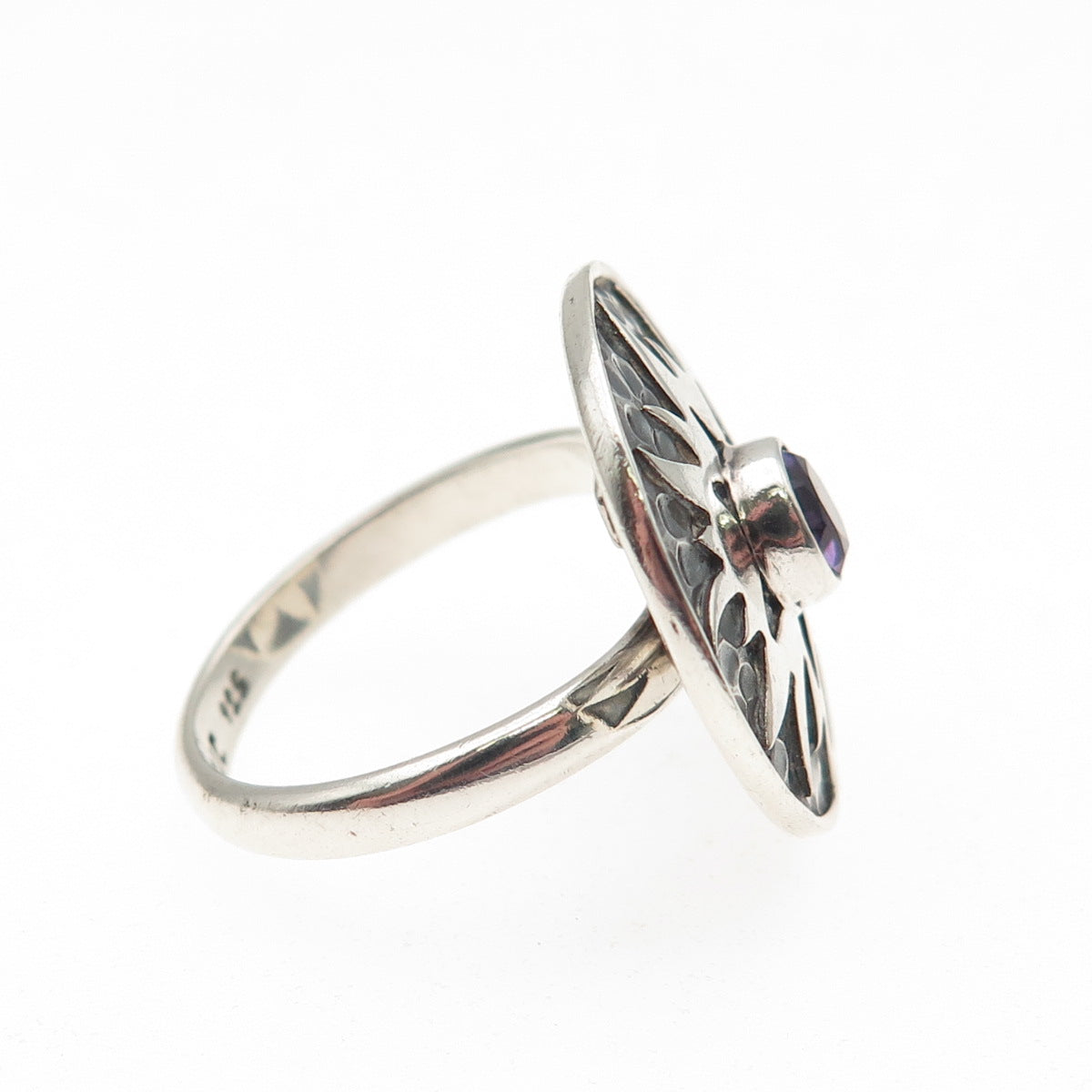 925 Sterling Silver Vintage Real Amethyst Modernist Sun Oxidized Ring Size 6