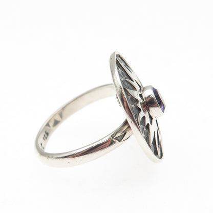 925 Sterling Silver Vintage Real Amethyst Modernist Sun Oxidized Ring Size 6