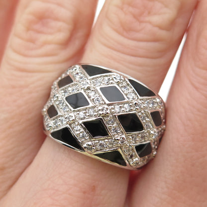 925 Sterling Silver Black Enamel Round-Cut C Z Ring Size 7.25