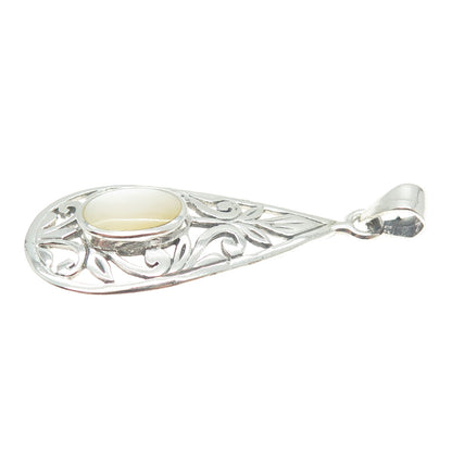 925 Sterling Silver Vintage Real Mother-of-Pearl Floral Scroll Teardrop Pendant