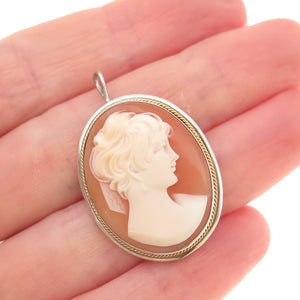 800 Silver 2-Tone Antique Art Deco Real MOP Lady Cameo Pin Brooch / Pendant