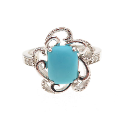 925 Sterling Silver Real Sleeping Beauty Turquoise Floral Ring Size 8