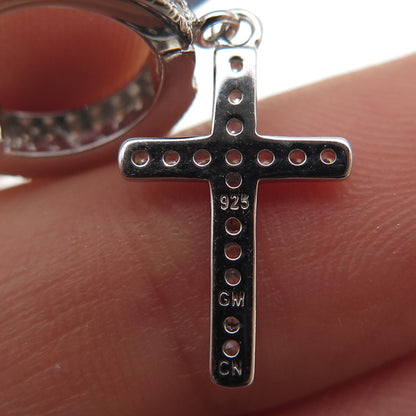 925 Sterling Silver Round-Cut C Z Dangle Cross Hoop Earrings