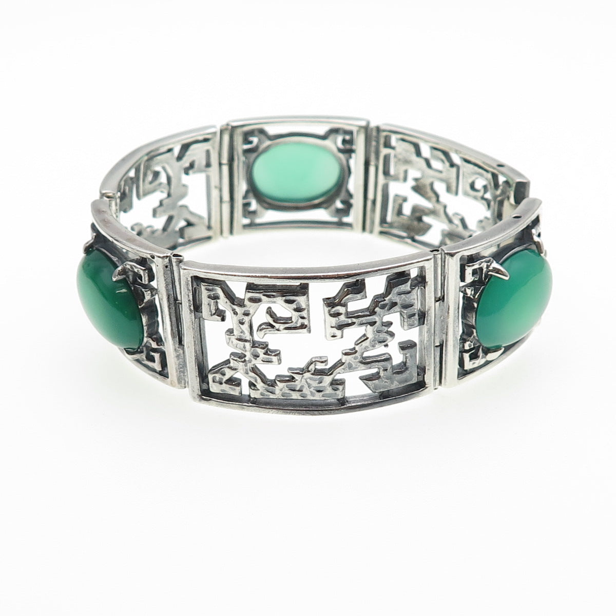 925 Sterling Silver Vintage Real Green Onyx Oxidized Panel Link Bracelet 7.25"