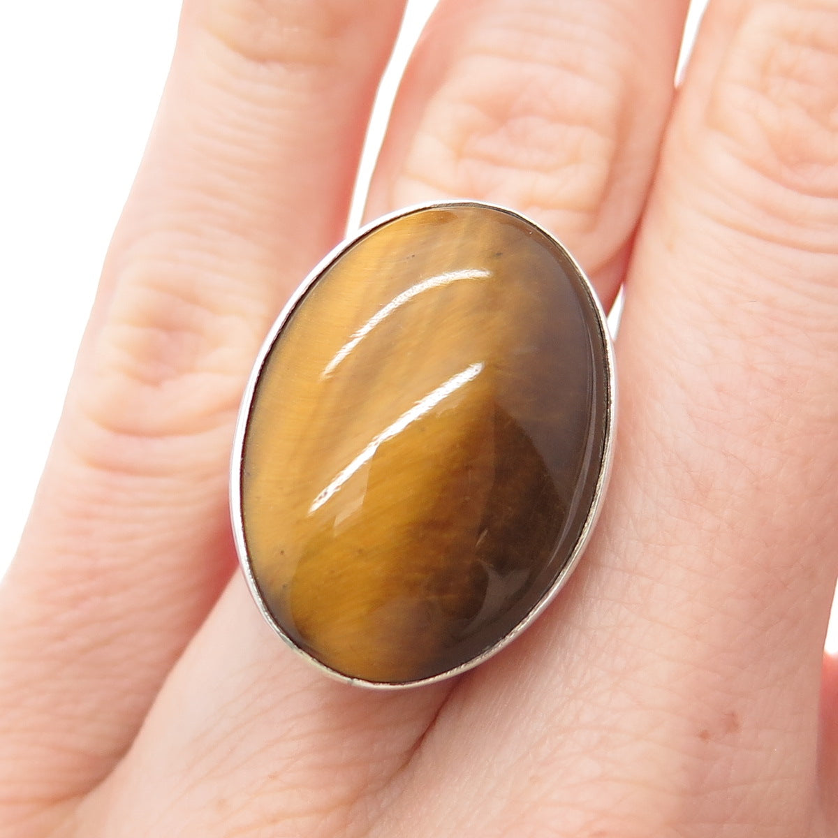 925 Sterling Silver Vintage Israel Real Tiger Eye Modernist Ring Size 4.75