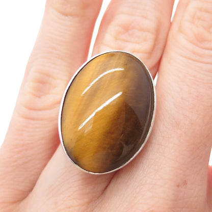 925 Sterling Silver Vintage Israel Real Tiger Eye Modernist Ring Size 4.75