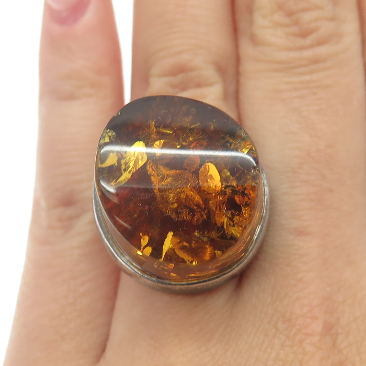 925 Sterling Silver Vintage Real Amber Modernist Ring Size 6.75