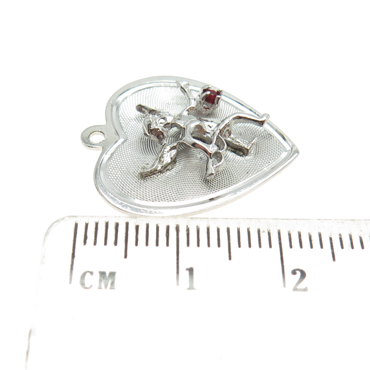 925 Sterling Silver Vintage Red Rhinestone Cupid Angel Heart Love Pendant