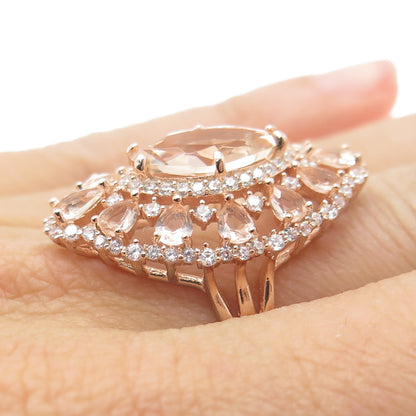 DSMK 925 Sterling Silver Gold Plated Morganite Gem C Z Statement Ring Size 7.25