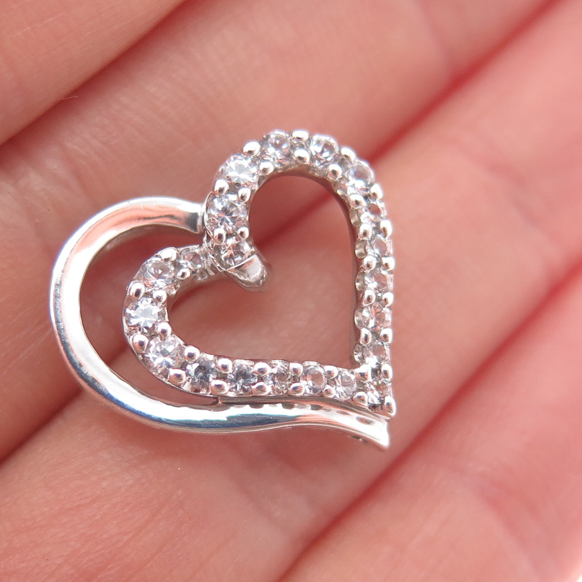 SUN 925 Sterling Silver Real Round-Cut White Topaz Heart Slide Charm Pendant
